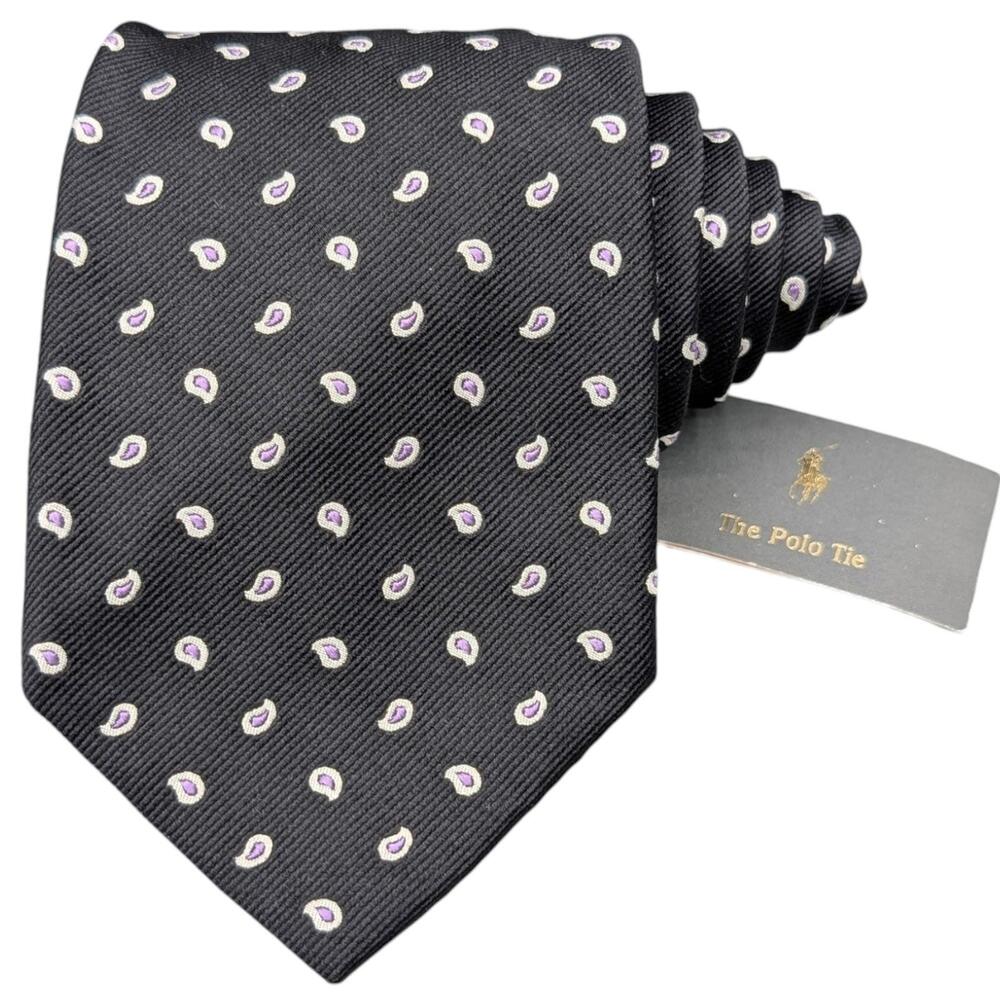 Polo Ralph Lauren‎ Tie Silk Paisley Black White Pink Handmade Italy 56.25"x3.5"